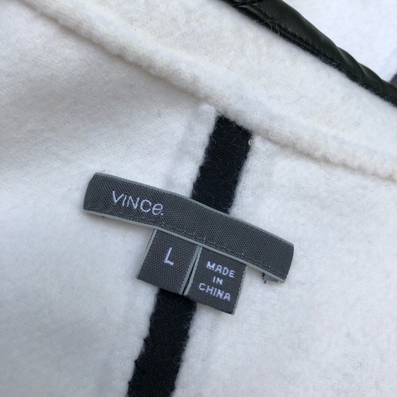 Vince Cream Wool blend Coat faux Leather black piping sz Large - Picture 5 of 14